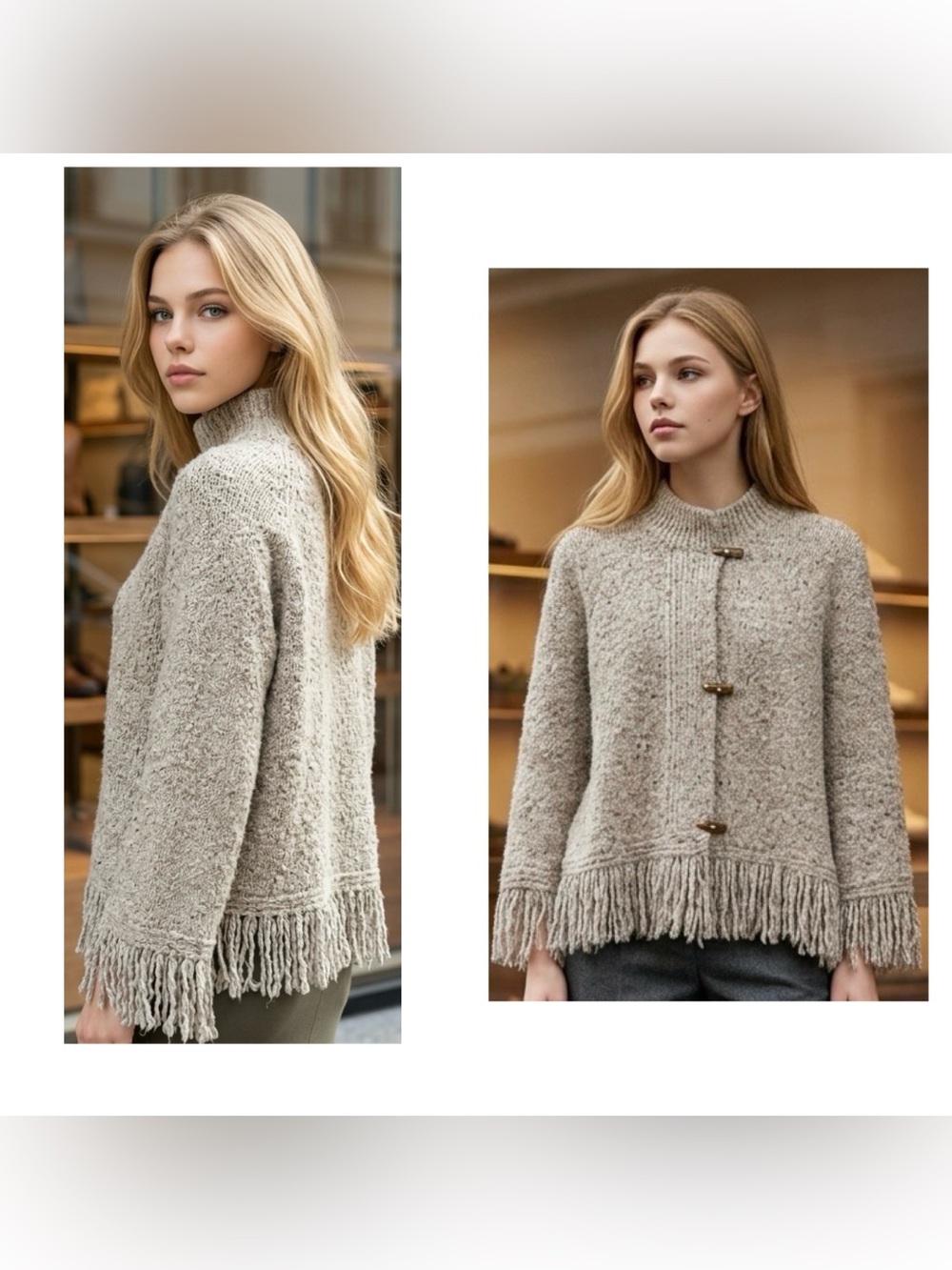 Ruby Rd. Women’s Sz S petite Fringe-Hem toggles Knit Fringe Jacket in Oatmeal